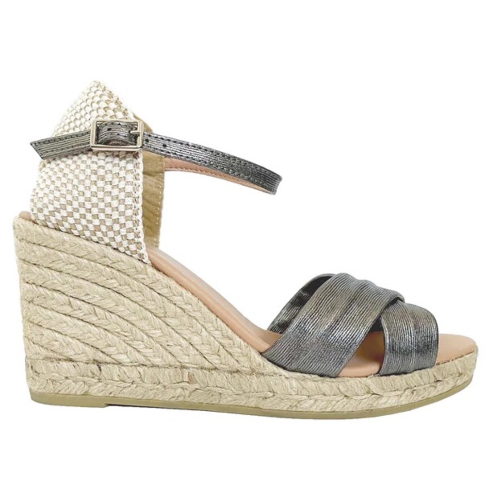 Anthropologie GAIMO Garry Metallic Leather Charcoal Grey Wedge Espadrilles EU 37